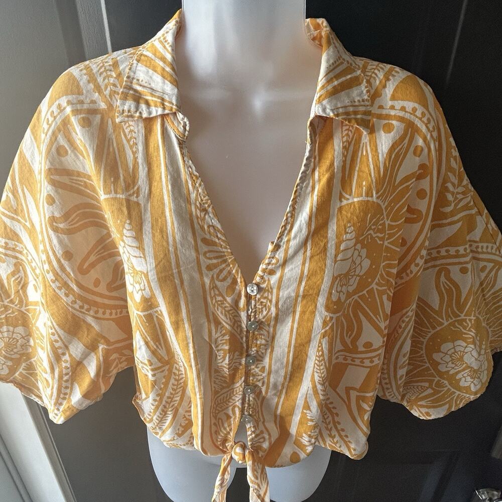 C&C California Linen Cropped Tie Front Blouse Womens Large Yellow Boho Summer - Picture 4 of 13